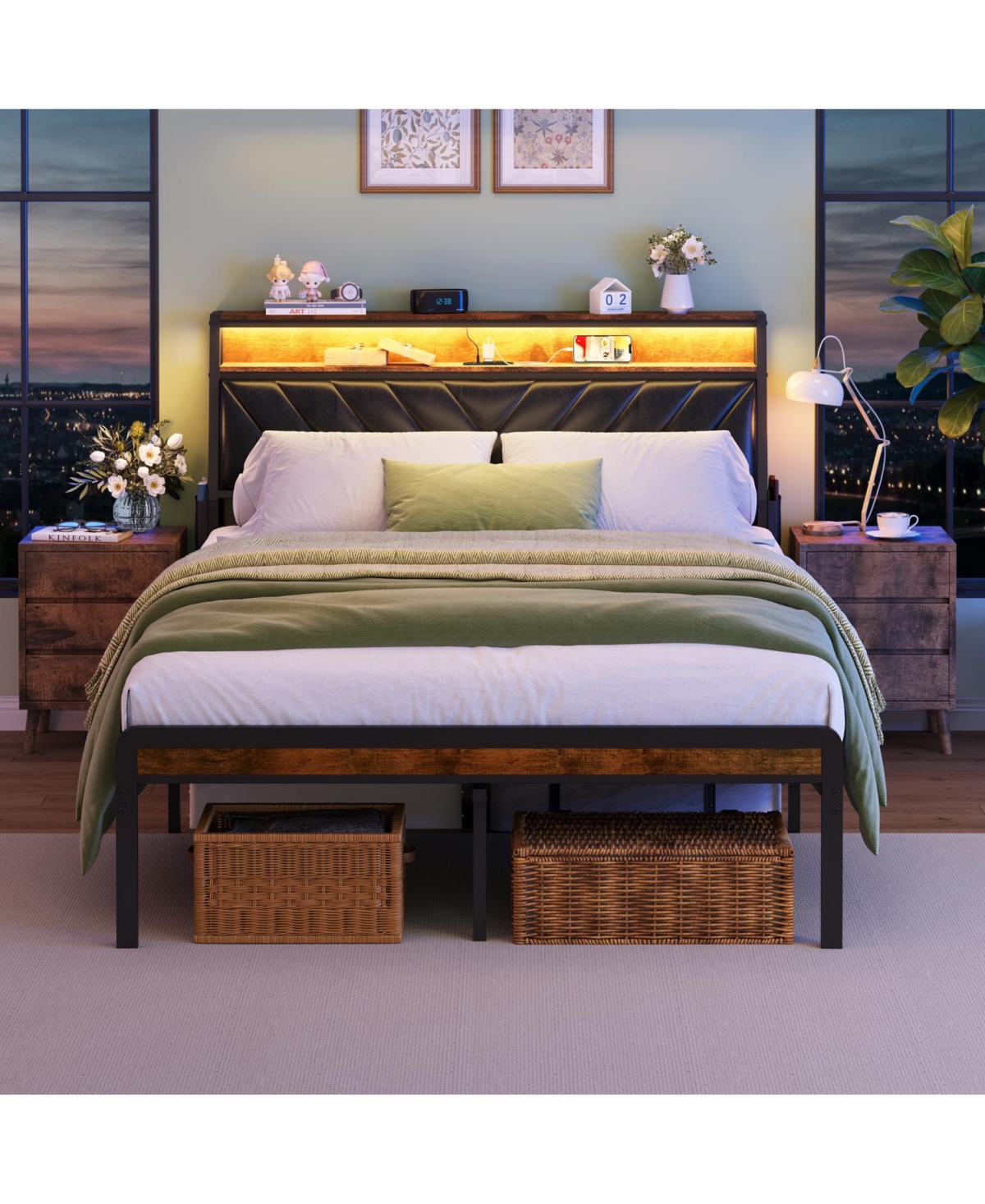 Streamdale Furniture Platform Bed Frame with Led Headboard and Charging Station