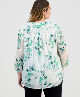 Plus Size Printed Swiss Dot Blouson-Sleeve Blouse