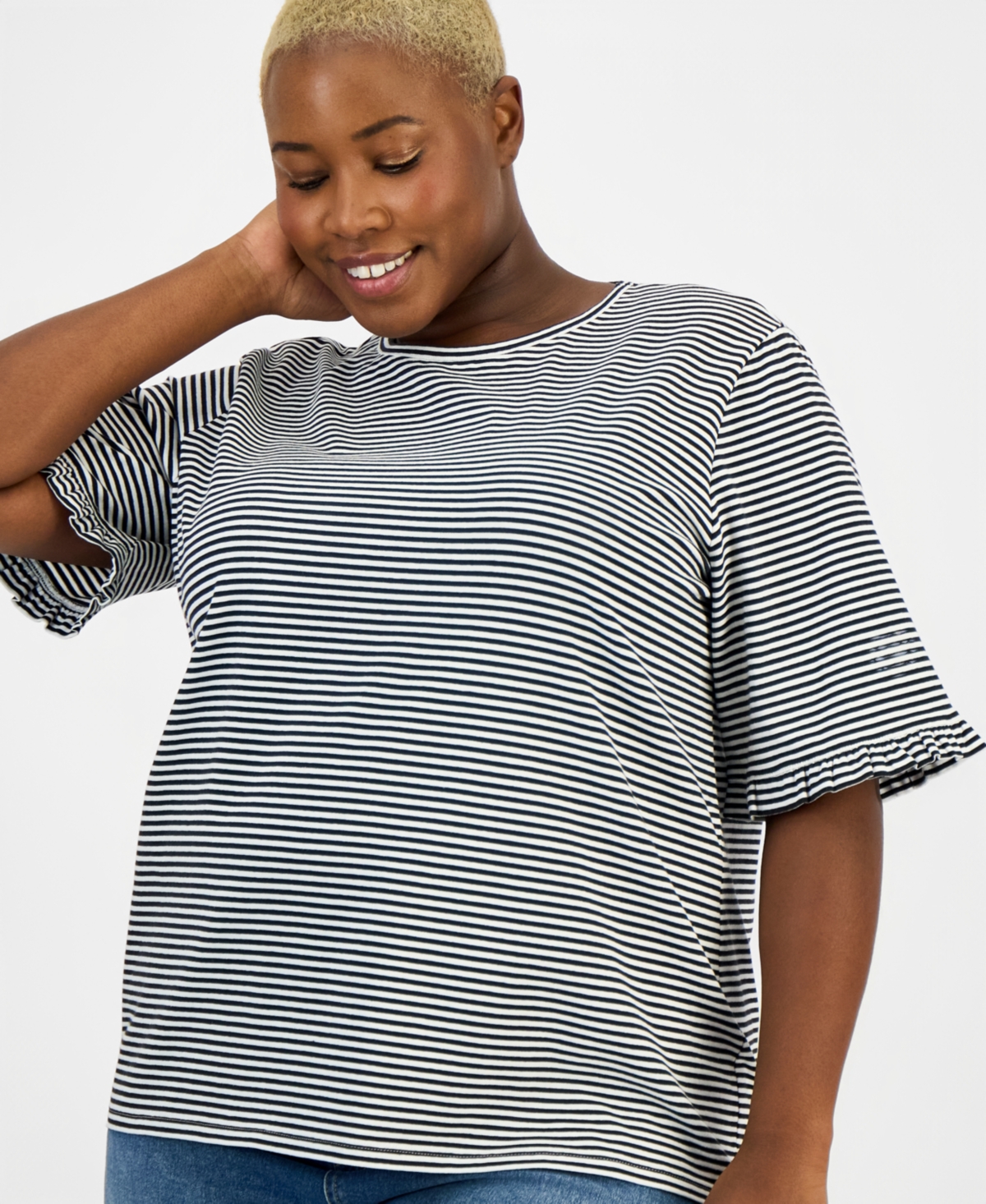 Jones New York Plus Striped Ruffle-Sleeve Tee