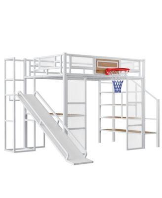 Metal Loft Bed with Desk, Wardrobe, Slide & Stairs