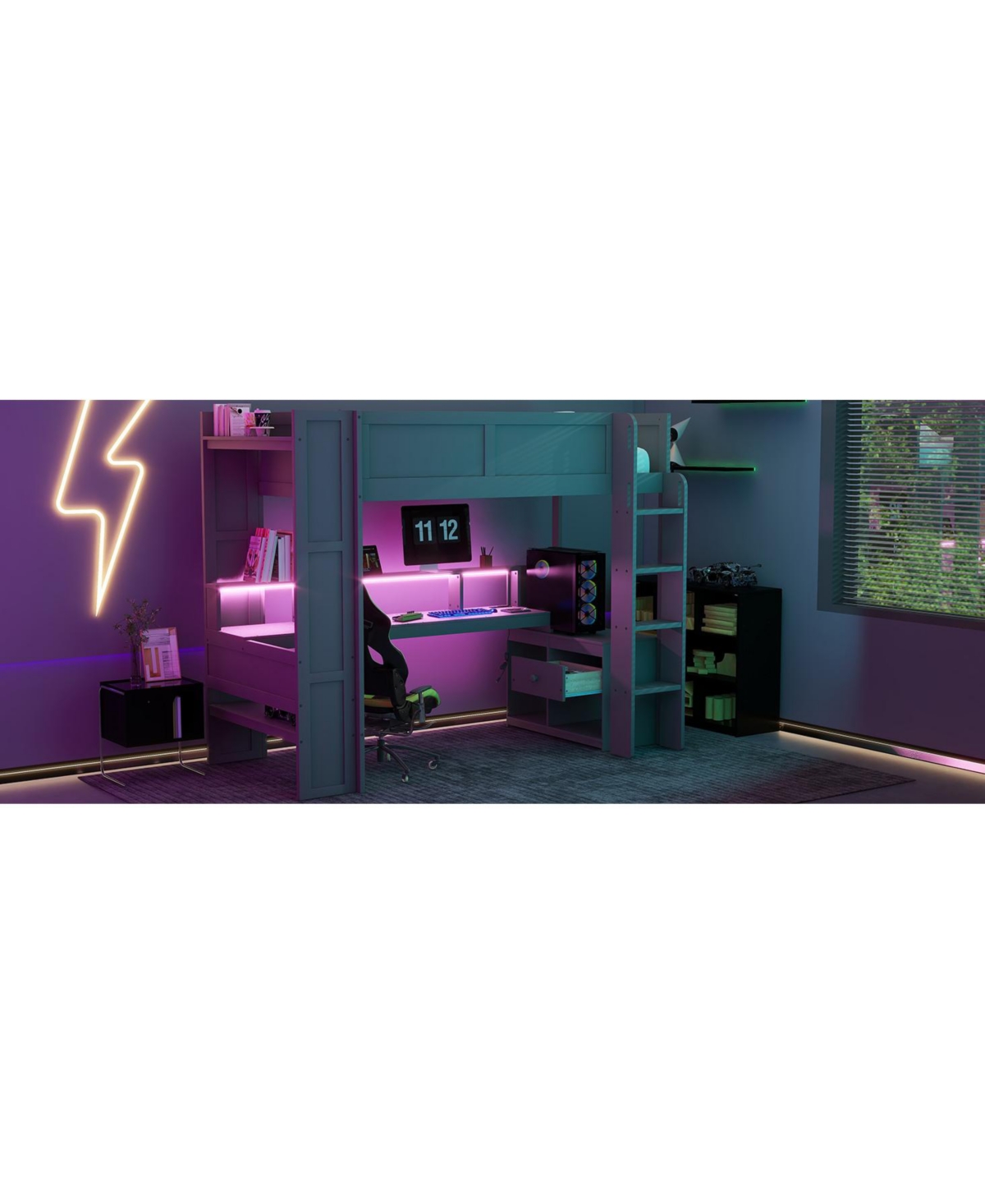 Streamdale Furniture Twin Gaming Loft Bed with Desk, Led & Charging