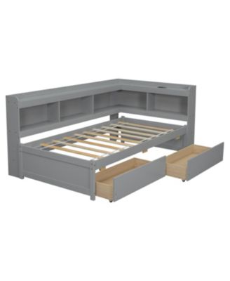Twin L-Shaped Bookcase Bed w/ Outlets & Drawers - Grey