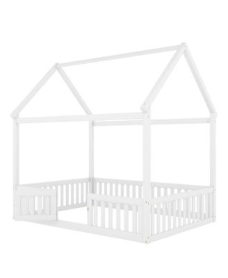 Full Size Wood House Bed with Fence and Door