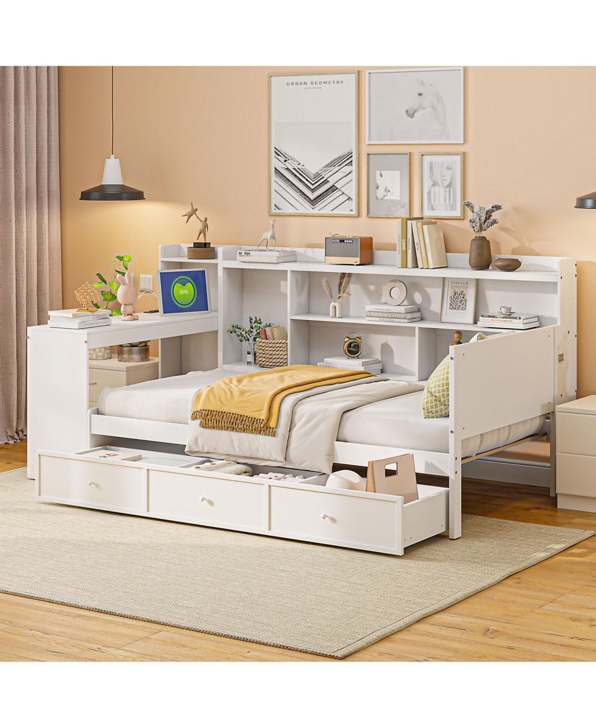 Streamdale Furniture Twin Size Wooden Daybed With 3 Drawers, Usb Ports and desk, White