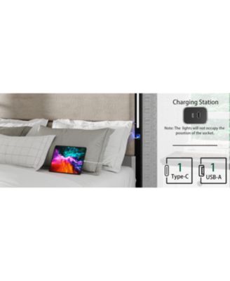 Queen Bed Frame with Headboard, Charging Station, and LED Lights