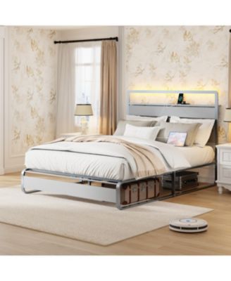 Queen Size Metal Platform Bed with Led, Charger