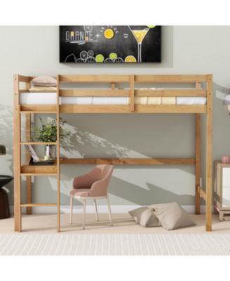 Twin Loft Bed with Desk and Guardrail, White Oak