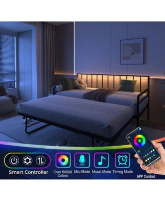 Twin Daybed with RGB LED Lights & Charging Station, Adjustable Frame & Trundle