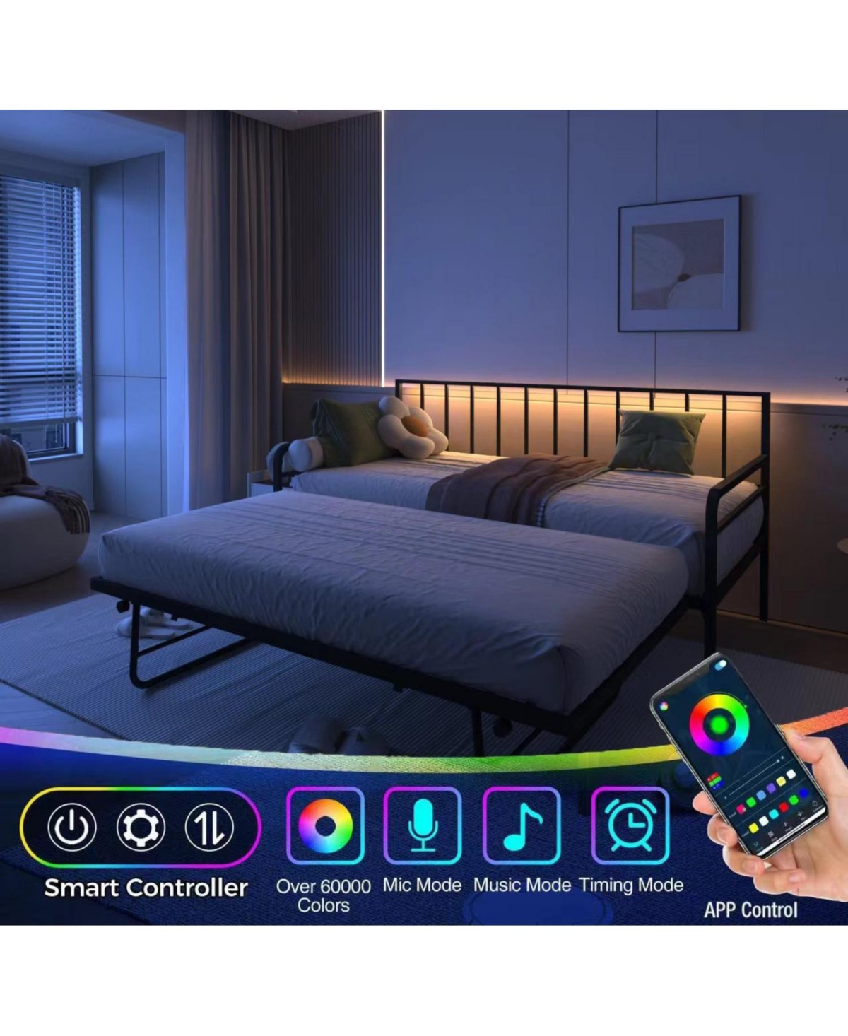 Streamdale Furniture Twin Daybed with Rgb Led Lights & Charging Station, Adjustable Frame & Trundle