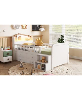 Streamdale Low Loft Bed with LED Lights, Wooden Twin Loft Bed with House Shape Headboard, Kids Loft Bed with Storage Drawers