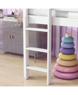 Twin Low Loft Bed with Slide, Ladder, Safety Guardrails, Rubber Wood Twin Loft Bed,White