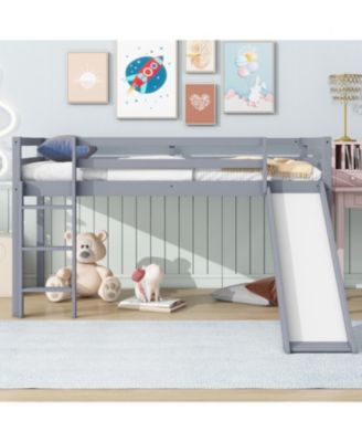 Twin Low Loft Bed with Slide, Ladder, Safety Guardrails, Rubber Wood Twin Loft Bed