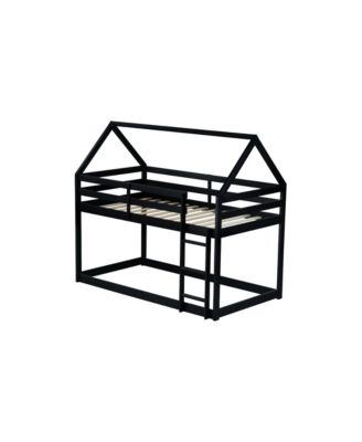 Twin over Twin Rubber Wood Floor Bunk Bed, with ladder,Guardrails,House-Shaped