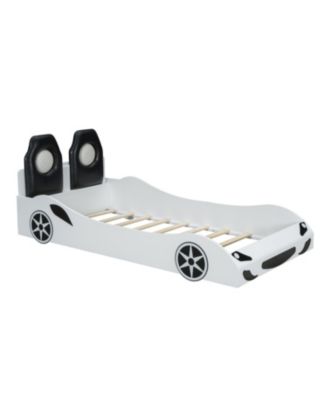  Wood Twin Size Race Car-Shaped Platform Bed with LED and Upholstered Backrest