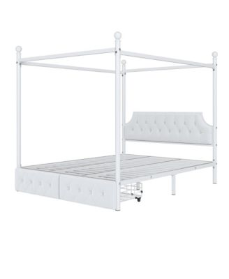 Queen Size Metal Canopy Platform Bed with Upholstered Headboard and Two Storage Drawers