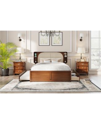 Queen Size Rattan Headboard Bed with Two Drawers and Trundle