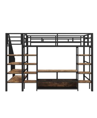 Full Size Metal Loft Bed with Staircase,Low Storage Table and Storage