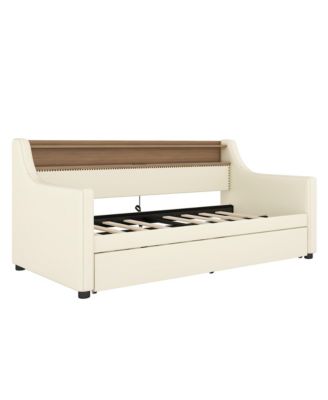 Twin Size Daybed with Trundle, Upholstered Daybed with Charging Station and LED Lights