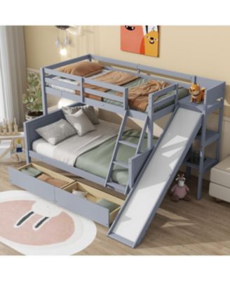 Twin over Full Bunk Bed with 2 Drawers, Slide, Shelves, Ladder, Rubber Wood Bunk Bed with Slide, Drawers