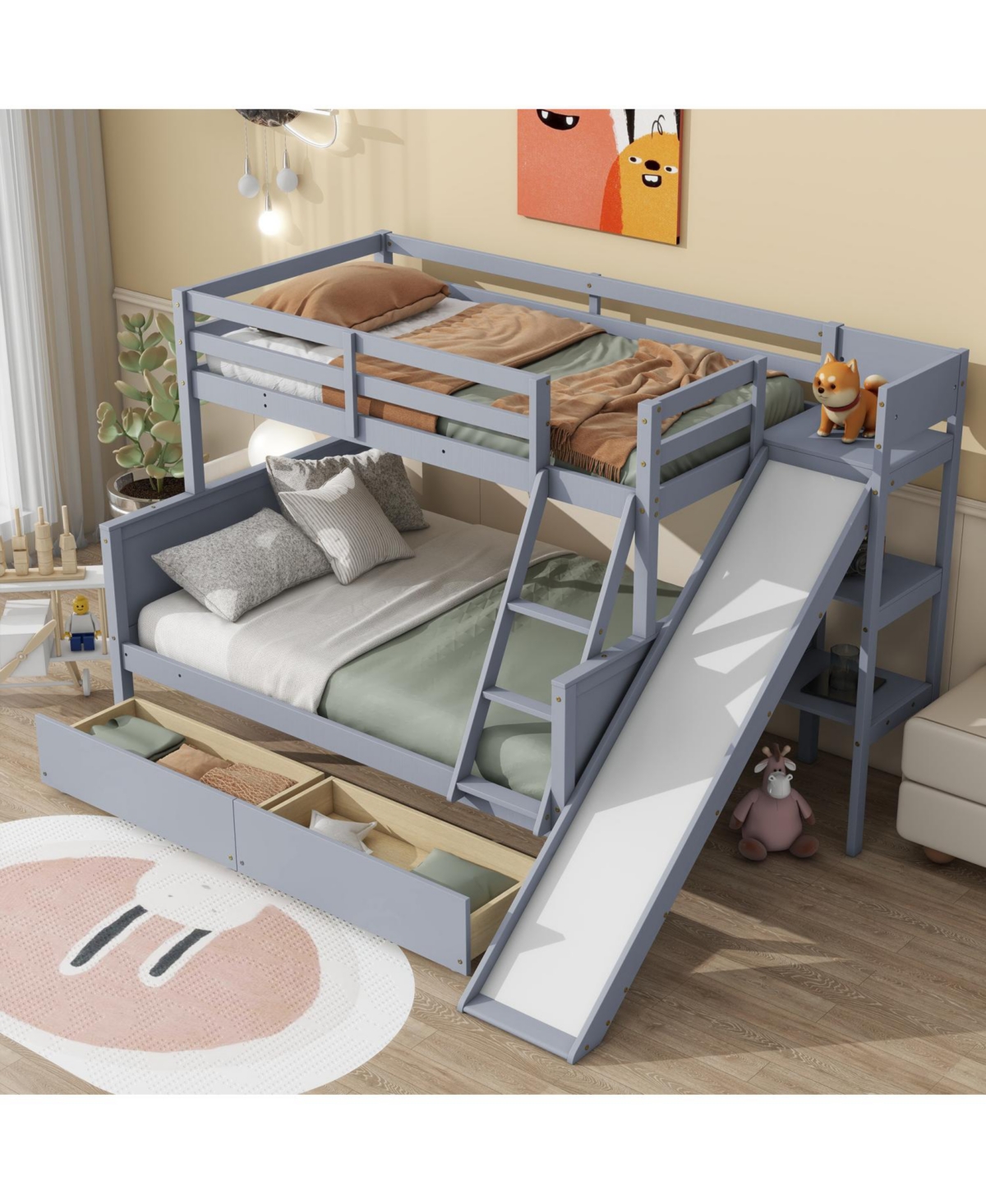 Streamdale Furniture Twin over Full Bunk Bed with 2 Drawers, Slide, Shelves, Ladder, Rubber Wood Bunk Bed with Slide, Drawers