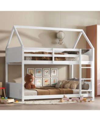 White Twin Over Twin Bunk Bed with Ladder and Safety Rails
