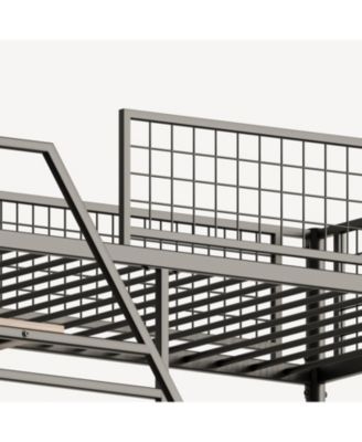 Full size loft metal bed for bedroom and dormitory, with built-in charging station and LED lighting