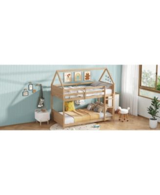 Twin Over Twin Bunk Bed with Headboards and Safety Guardrails