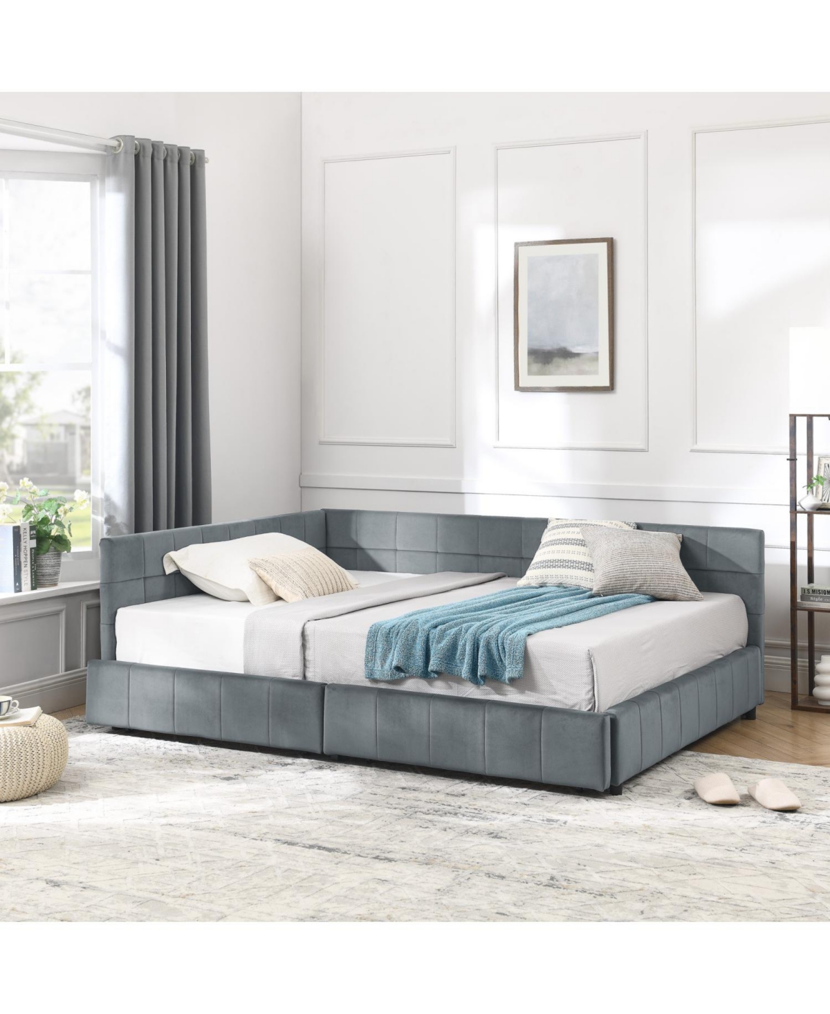 Streamdale Furniture Full Size Upholstered Bed Frame with Backrest & Armrests, Velvet Grey (80.5"L x 59"W x 29.5"H