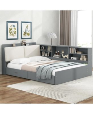 Wood Full Size platform bed with Storage Headboard, Shelves and 2 Drawers