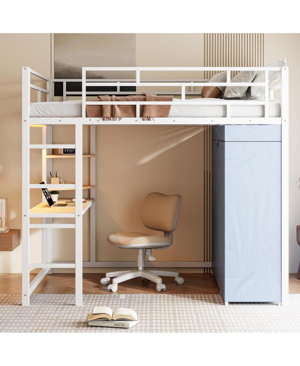 Streamdale Furniture Full Size Loft Metal Bed with Desk,Shelves,Power Outlet,Led Light and Wardrobe