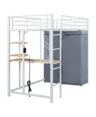 Twin Size Loft Metal Bed with Desk,Shelves,Power Outlet,LED Light and Wardrobe