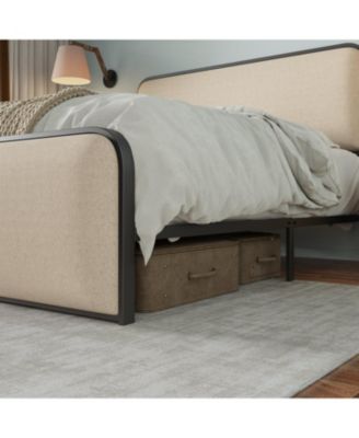 Beige Upholstered Modern Metal Bed with Under-Bed Storage, King