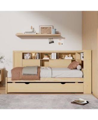 Twin Size Wood Daybed with Storage Shelves, USB and Trundle