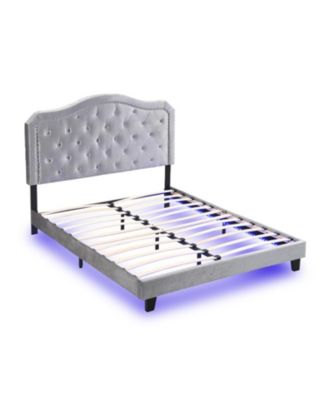 Queen Upholstered Bed with Tufted Curve Design, LED Platform, Strong Wood Slats, Easy Setup - Light Grey Velvet