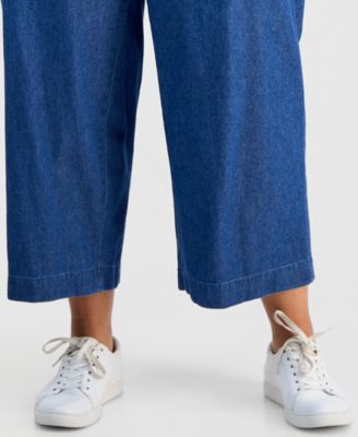 Plus Size Cotton Mid-Rise Pull-On Chambray Pants 