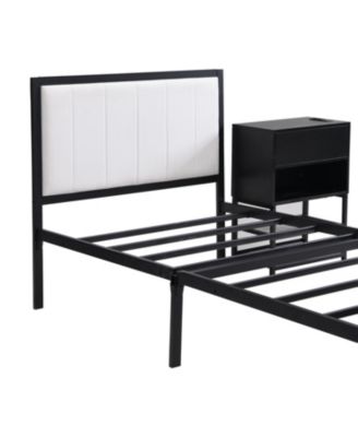 Twin size Metal Platform Bed with Two-Tier Storage Shelves, Wooden Storage Cabinet