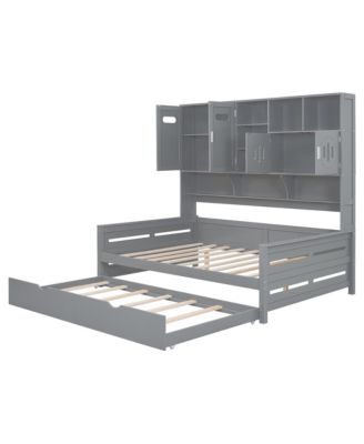 Full Size Wooden Daybed with Twin Size Trundle, and All-in-One Cabinet and Shelf.