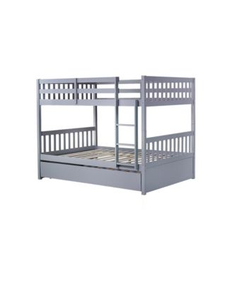  Gray Rubber Wood Bunk Bed with Trundle, Ladder, Guardrails & Convertible to 2 Full Beds