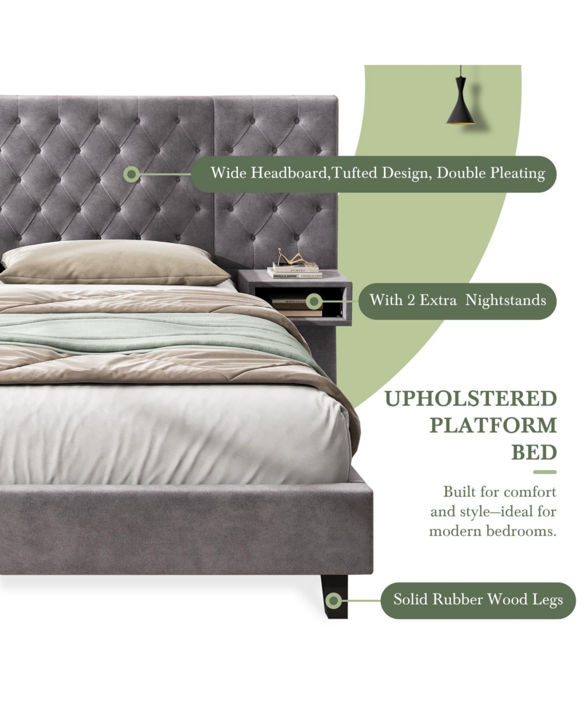 Streamdale Furniture Streamdale Grey Velvet Platform Bed with Headboard, 2 Nightstands & Diamond Tufting