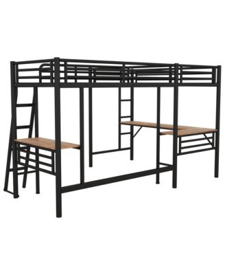 Twin Size Metal Loft Bed with Two Built-in Desks