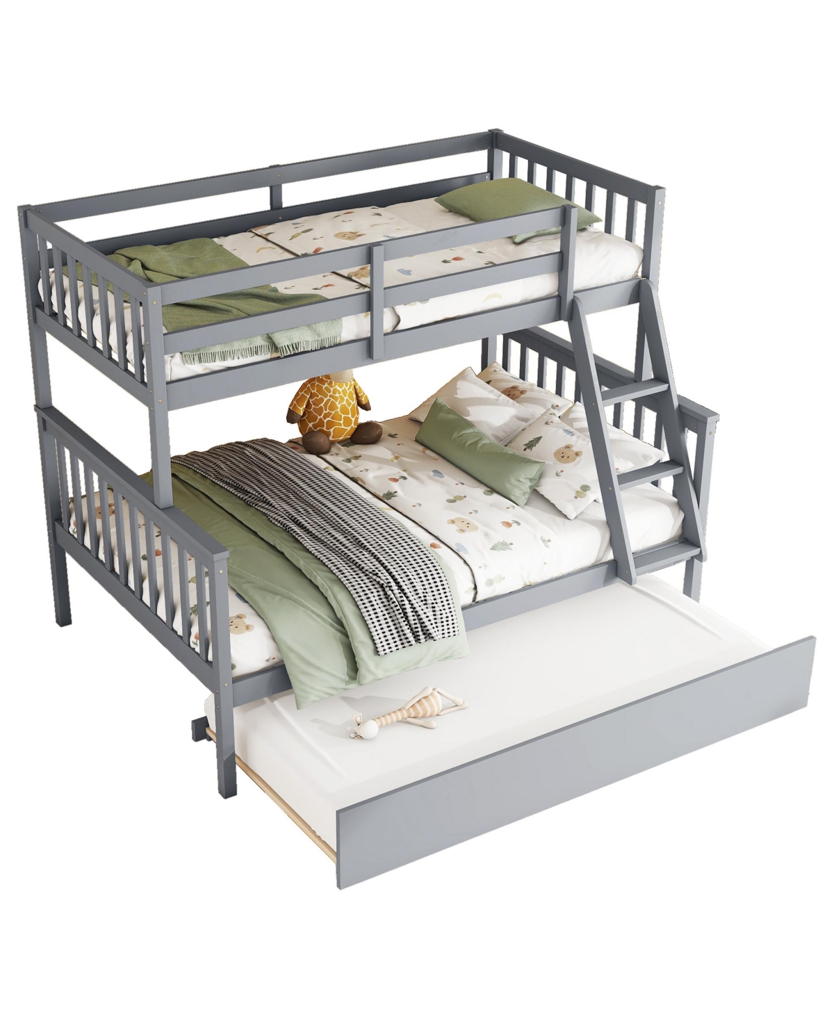 Streamdale Furniture Wood Bunk Bed with Trundle, Ladder, Guardrail, Convertible