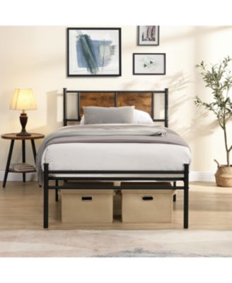 Twin Size metal bedframe, Headboard with wood panel decoration