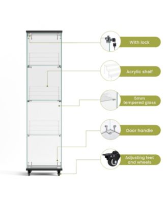 4-Tier Glass Storage Cabinet with Lock and Wheels
