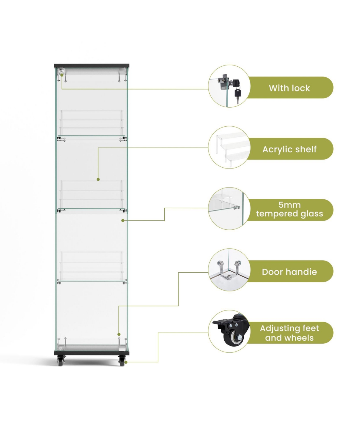 Streamdale Furniture 4-Tier Glass Storage Cabinet with Lock and Wheels