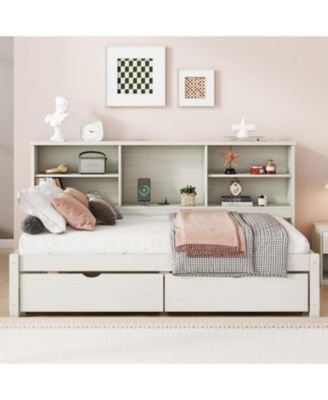 Streamdale Twin Size Bed Frame With Side Bookshelves, Two Drawers, And Built-in USB Port For Creamy White Color