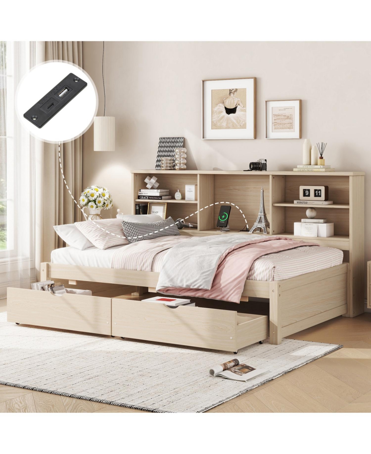 Streamdale Furniture Twin Size Bed Frame With Side Bookshelves, Two Drawers, And Built-in Usb Port
