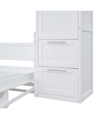 Full Size Murphy Bed Wall Bed with Closet and Drawers,White