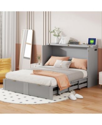  Full Size Murphy Bed with drawer and a set of Sockets & USB Ports, Pulley Structure Design, White