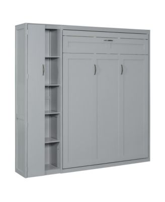  Full Size Murphy Bed Wall Bed with Shelves, Wardrobe and LED Lights