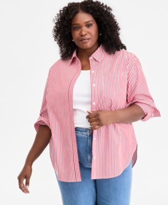 Trendy Plus Size Striped Cotton Button-Front Shirt